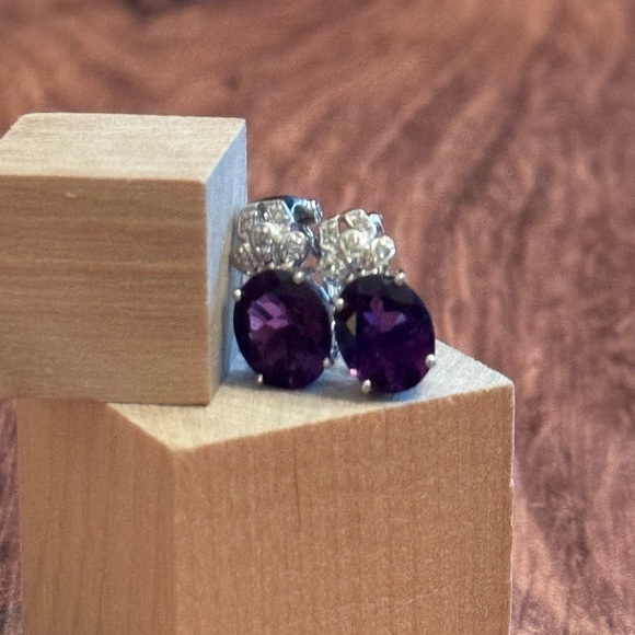 Oval Amethyst Earrings with Diamond Accents in 14k White Gold — Elegant Timeless - Picture 2 of 3